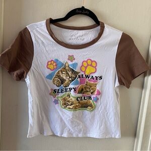 Sweet Society “Always Sleepy Club” Cat Print Babydoll Ringer T-shirt